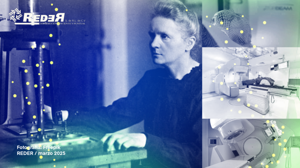 Marie Curie en su laboratorio con una superposición de imágenes de equipos modernos de radioterapia, representando la evolución de su legado en la medicina.