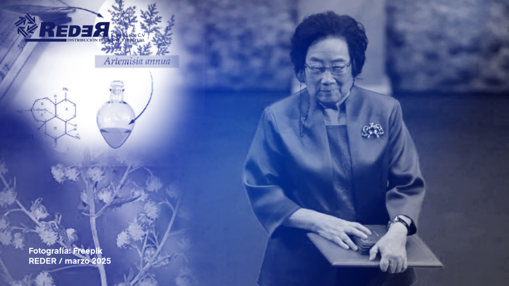 Retrato de Tu Youyou junto a una ilustración de la planta Artemisia annua y frascos de medicamentos, representando la relación entre la medicina tradicional y los avances científicos modernos.