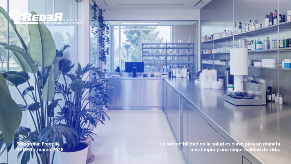 Un paisaje verde con elementos de sostenibilidad en la industria de la salud, como envases biodegradables y energías limpias en laboratorios.
