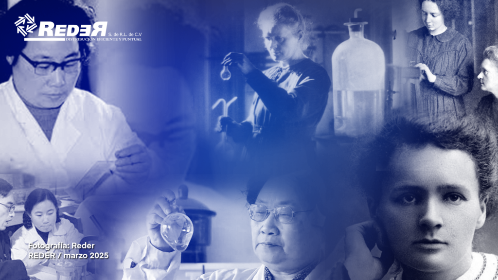 Un collage con retratos de Marie Curie y Tu Youyou, con líneas conectando sus descubrimientos a aplicaciones médicas modernas.