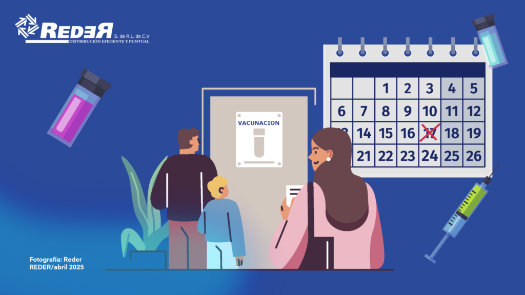 Ilustración de un niño feliz junto a un calendario de vacunación con las vacunas recomendadas en diferentes etapas de la infancia.