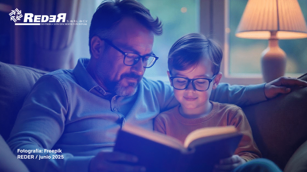 Papá con gafas de lectura abrazando a su hijo mientras leen juntos