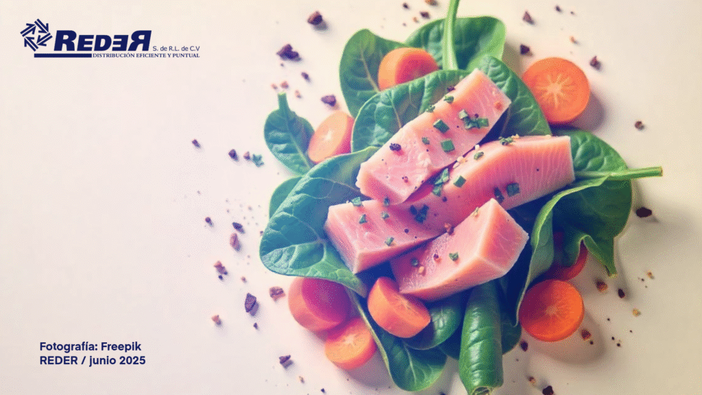 Infografía con alimentos como zanahorias, espinacas, pescado y frutos secos