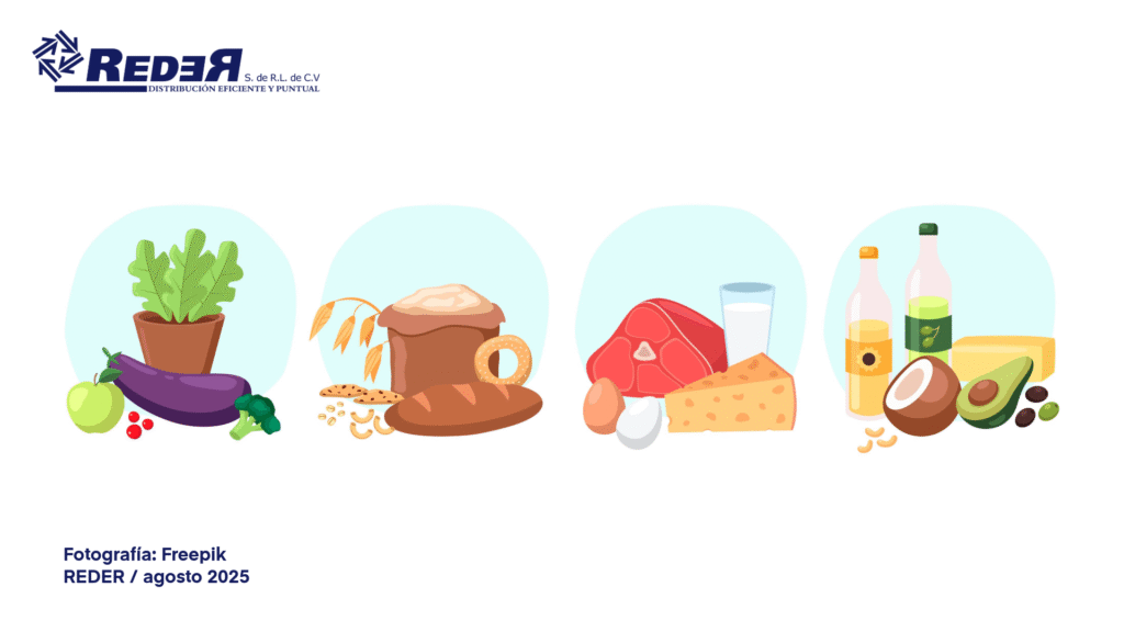 Ilustración de una pirámide alimenticia con alimentos recomendados para niños