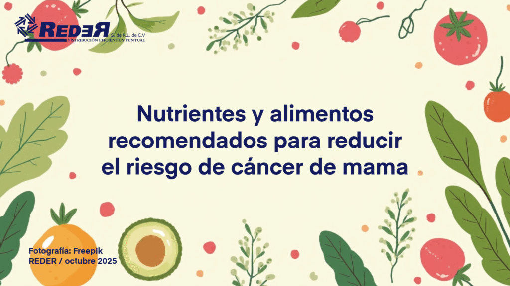 Infografía con frutas, verduras, granos integrales, pescado y alimentos ricos en antioxidantes para la prevención del cáncer de mama