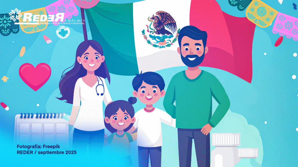 Ilustración de familia mexicana celebrando el 16 de septiembre con mensaje de salud preventiva
