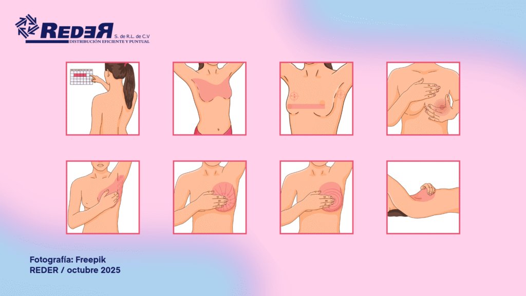 Infografía que ilustra los cinco pasos para la autoexploración mamaria, mostrando posiciones y movimientos para observar y palpar las mamas.