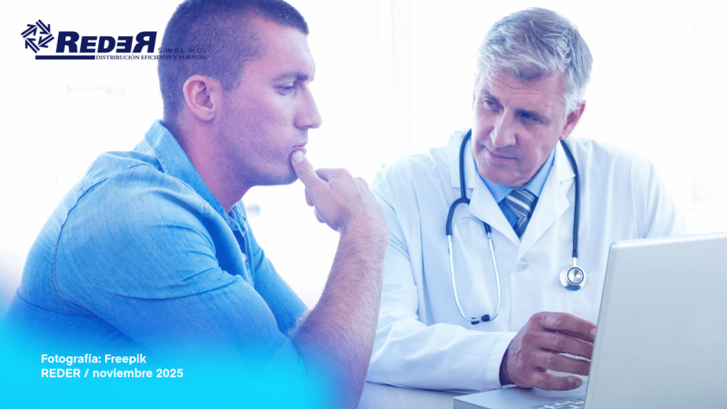 Ilustración de un hombre en consulta médica, recibiendo un chequeo preventivo, con tonos azul oscuro y gris que reflejan salud masculina y conciencia preventiva