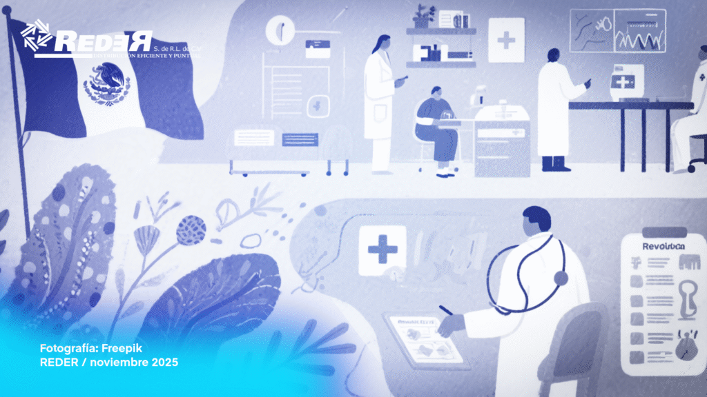 Ilustración que combina elementos históricos de la Revolución Mexicana con imágenes modernas de atención médica y prevención.