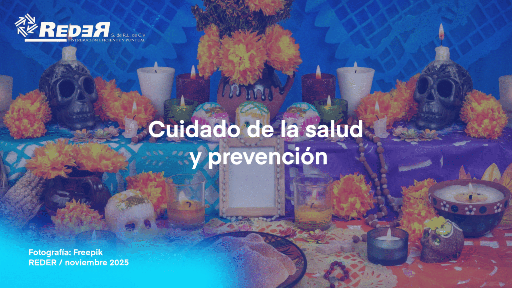 Ilustración vertical de una familia diversa reunida alrededor de una ofrenda tradicional, con un mensaje visible sobre la prevención de enfermedades crónicas