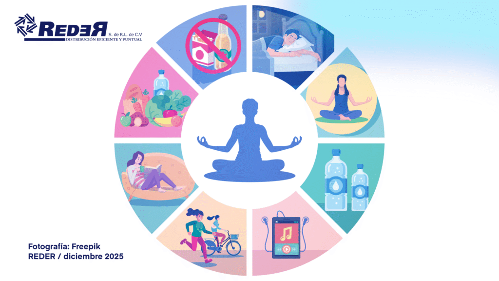 Infografía con lista de propósitos saludables para iniciar el año nuevo