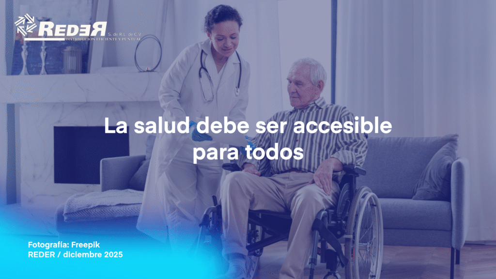 Consultorio médico accesible con pacientes con diferentes discapacidades recibiendo atención