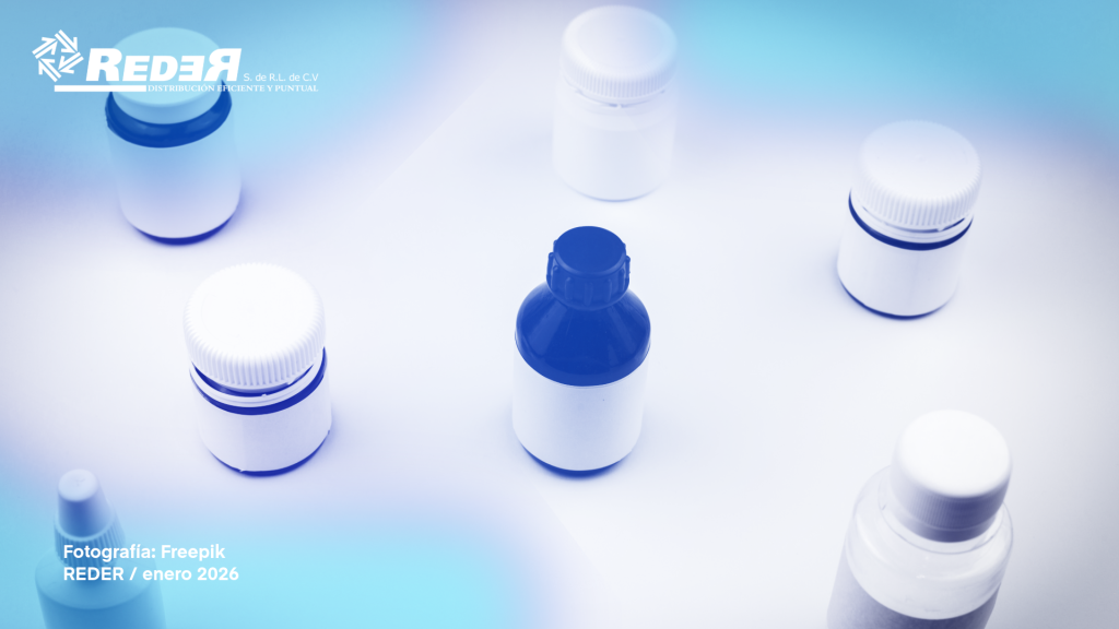 Envases de medicamentos genéricos con sello de aprobación y fondo con moléculas representadas