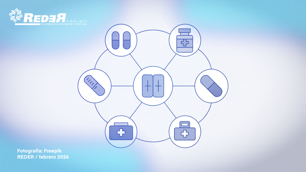Ilustración de red regulatoria conectando medicamentos, dispositivos médicos y farmacias bajo supervisión de Cofepris.