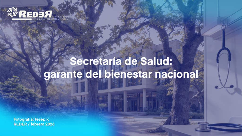 Fachada de la Secretaría de Salud acompañada de íconos de salud pública, vacunación y regulación sanitaria