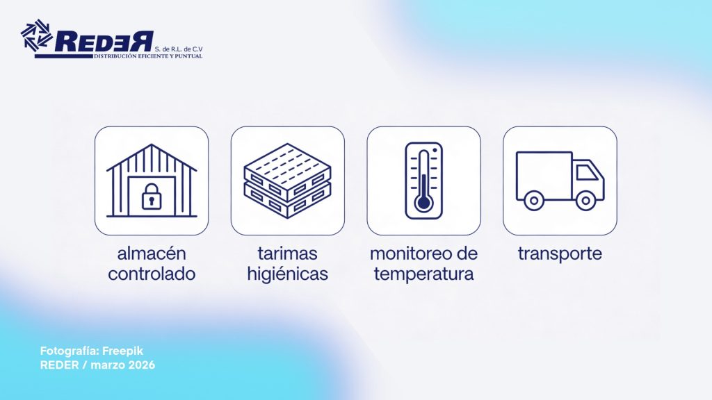 Ilustración de la cadena logística farmacéutica con control de almacenamiento, trazabilidad y distribución.