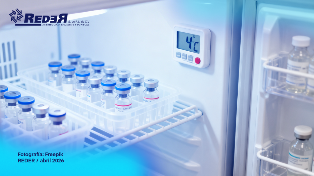 Equipo de refrigeración farmacéutico con medicamentos termolábiles correctamente almacenados y termómetro digital visible.