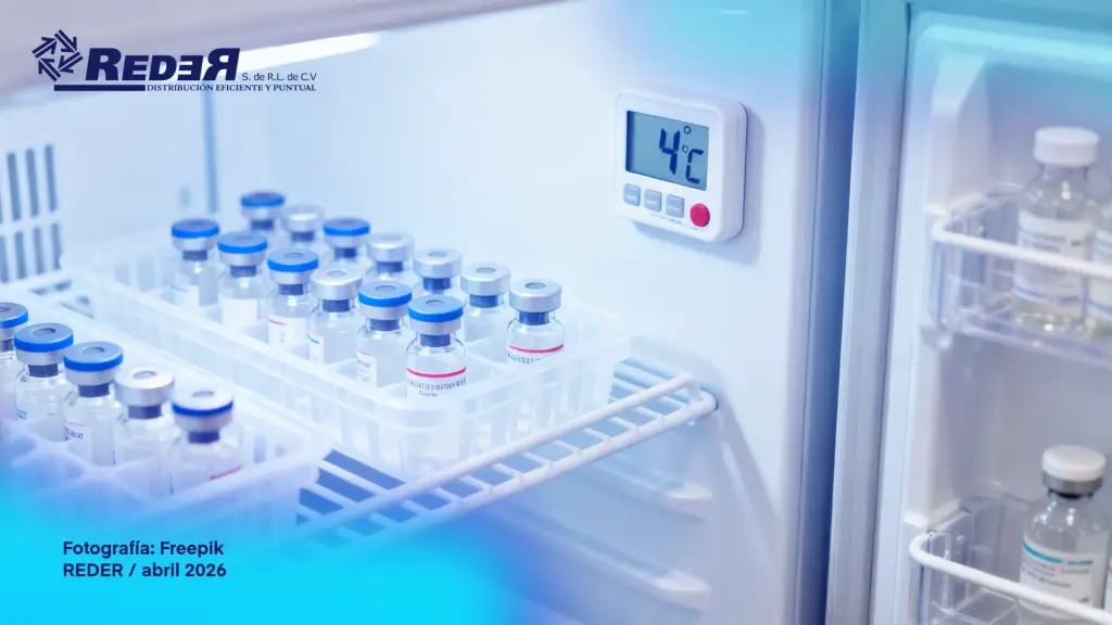 Equipo de refrigeración farmacéutico con medicamentos termolábiles correctamente almacenados y termómetro digital visible.