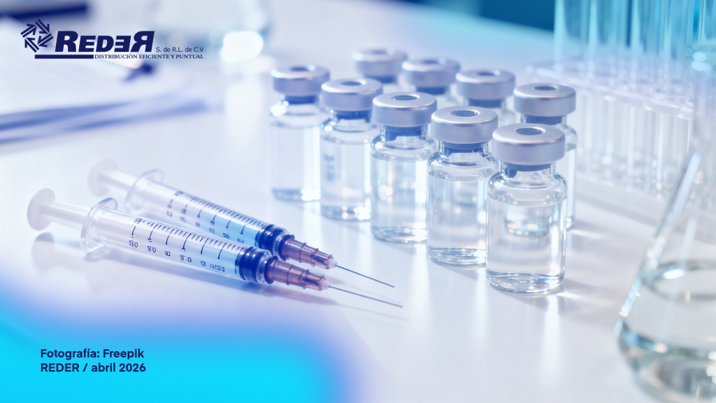 Viales y ampollas de medicamentos biológicos y biosimilares sobre fondo limpio de laboratorio farmacéutico.