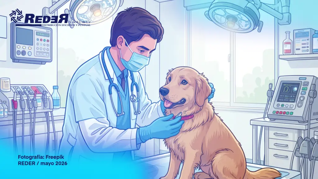 Médico veterinario zootecnista examinando a un perro o gato en consulta, con medicamentos genéricos visibles sobre la mesa de exploración.