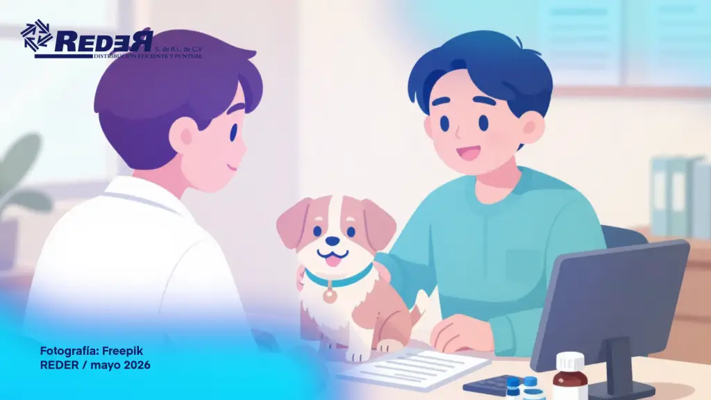Médico veterinario zootecnista preparando medicación para un perro o gato en una clínica moderna, con frascos de medicamento genérico visibles sobre la mesa.