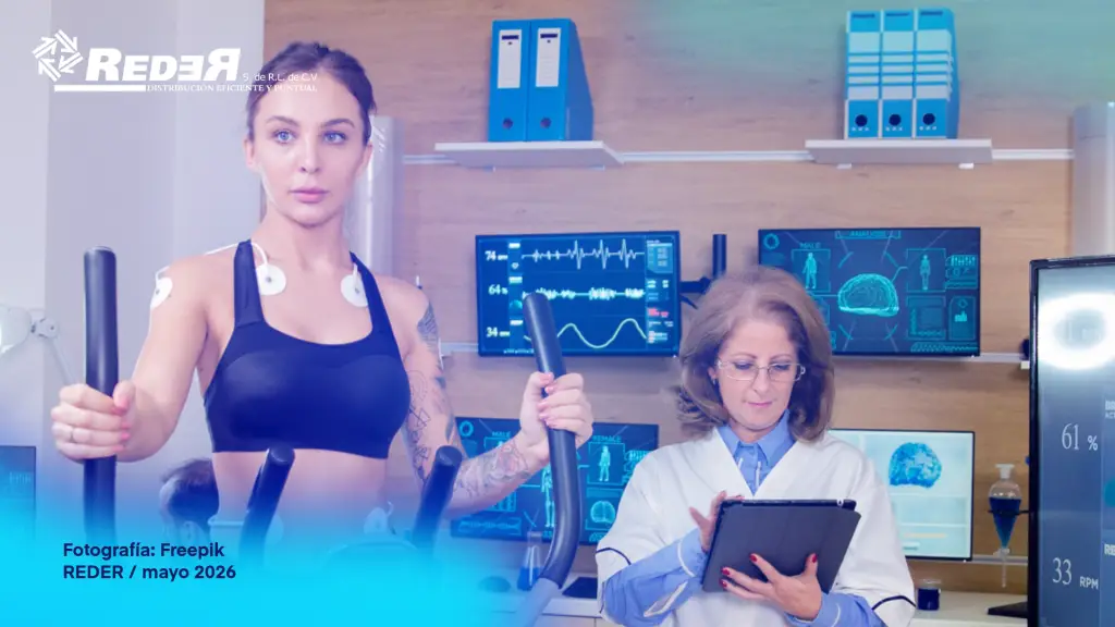 Profesional de salud o nutriólogo en entorno de gimnasio o SPA moderno, con medicamentos genéricos y equipos de entrenamiento visibles al fondo.