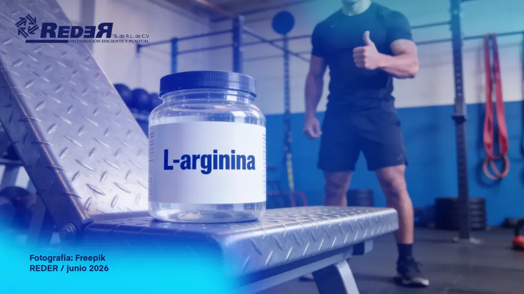 Deportista o entrenador en gimnasio moderno con suplemento de L-arginina en mano y área de cardio o entrenamiento funcional al fondo.