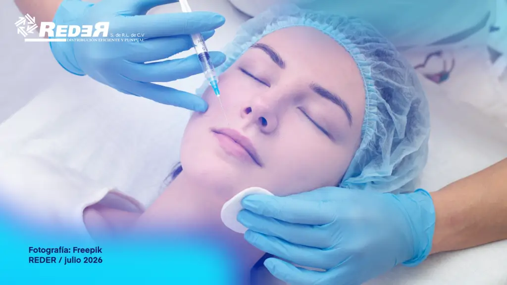 Médico estético en clínica moderna preparando o aplicando tratamiento de toxina botulínica en zona facial de paciente, con insumos estéticos visibles en primer plano y entorno clínico profesional al fondo.