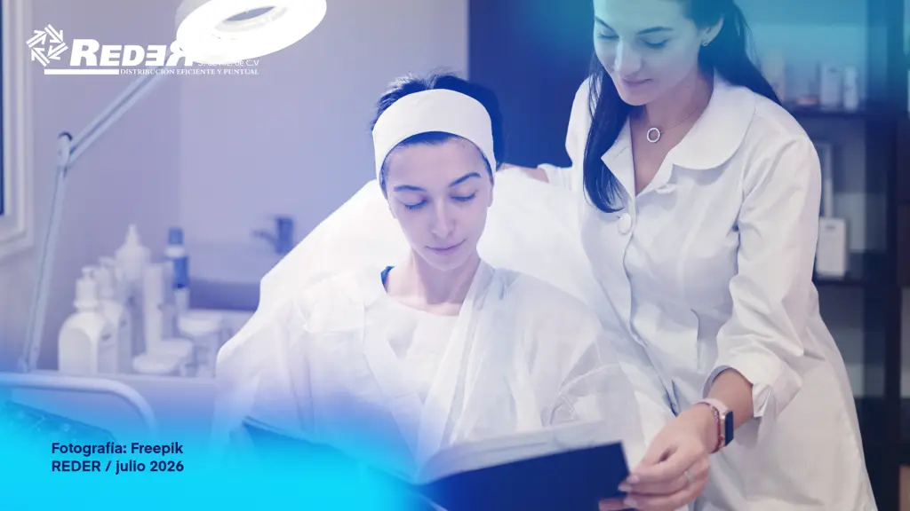 Profesional de estética en spa moderno organizando o utilizando material de curación —gasas, apósitos, vendajes— sobre mesa de trabajo con entorno de cabina limpio y profesional al fondo.