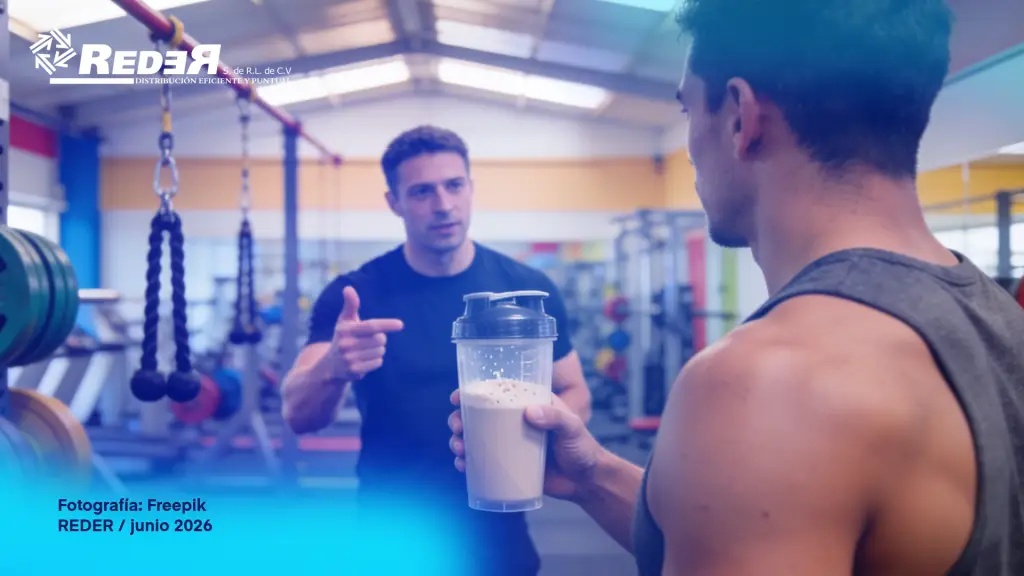 Deportista o entrenador en gimnasio moderno con batido de proteína whey en mano y área de pesas al fondo.