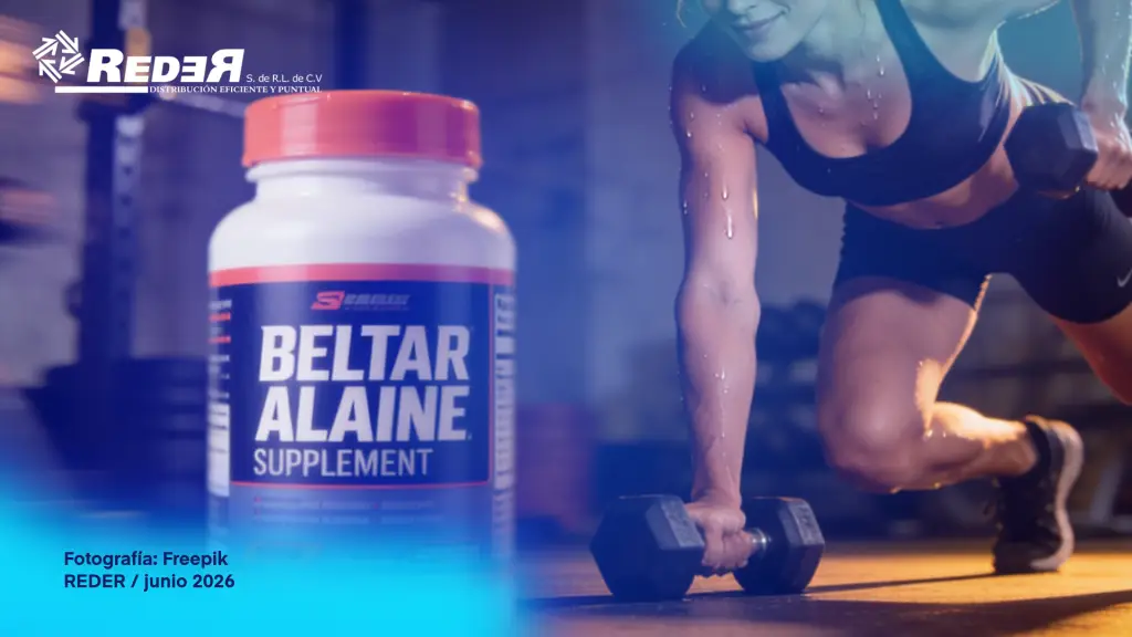 Deportista en gimnasio moderno en pleno esfuerzo de alta intensidad con suplemento de beta-alanina en primer plano.