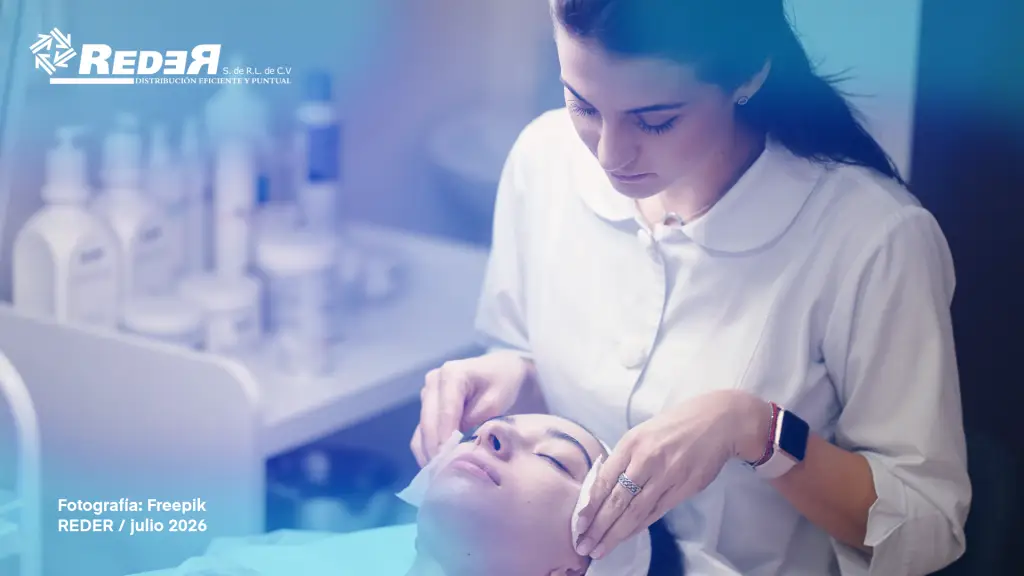 Profesional de medicina estética en consultorio moderno preparando o aplicando tratamiento de ácido hialurónico en zona facial de paciente, con insumos estéticos visibles en primer plano.