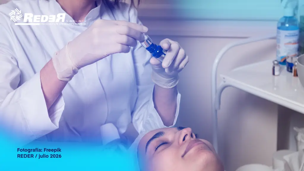 Médico estético en clínica de belleza moderna preparando o aplicando protocolo de mesoterapia facial con ampollas de principios activos en primer plano y entorno clínico contemporáneo al fondo.