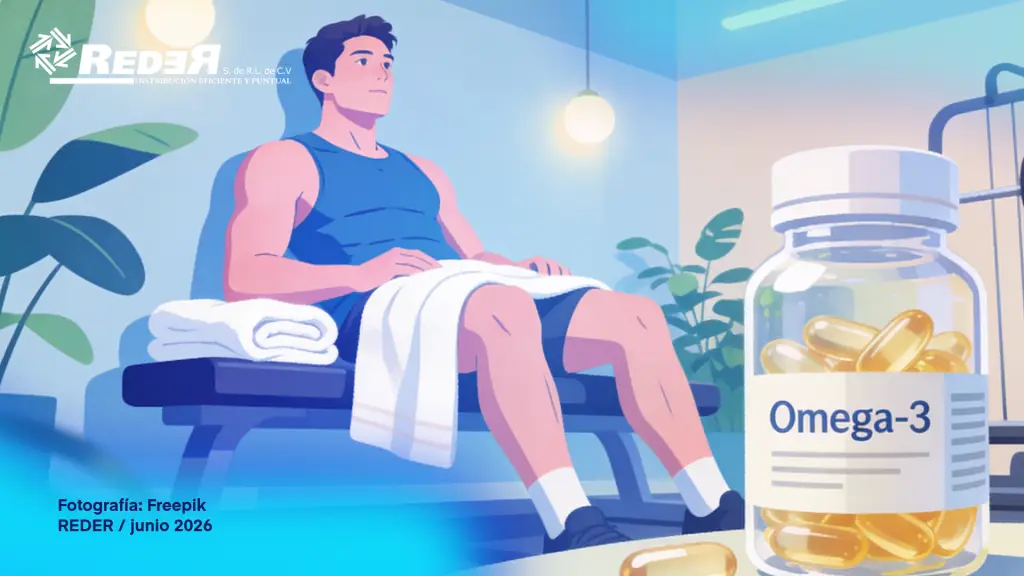 Deportista en gimnasio moderno en proceso de recuperación post-entrenamiento con cápsula o frasco de omega-3 en primer plano.