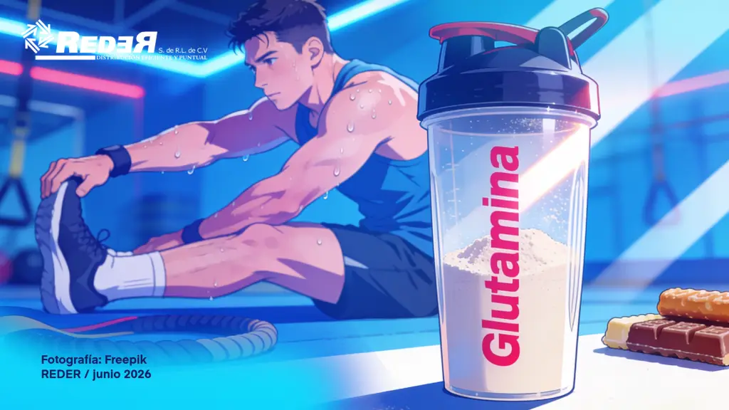Deportista en gimnasio moderno en proceso de recuperación post-entrenamiento con frasco o sobre de glutamina en primer plano.