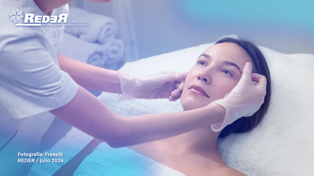 Médico estético en clínica moderna preparando o aplicando tratamiento de bioestimulador de colágeno en zona facial de paciente, con insumos estéticos en primer plano y entorno clínico profesional al fondo.