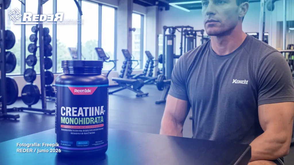 Deportista o entrenador en gimnasio moderno con suplemento de creatina en mano y área de pesas al fondo.