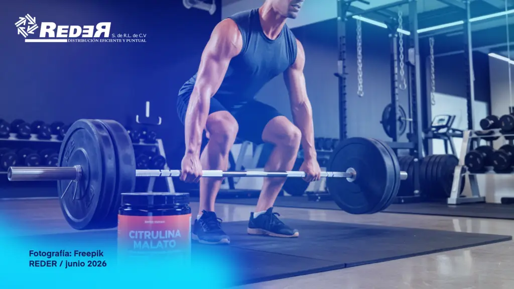Deportista o entrenador en gimnasio moderno con suplemento de citrulina malato en mano y área de entrenamiento funcional al fondo.