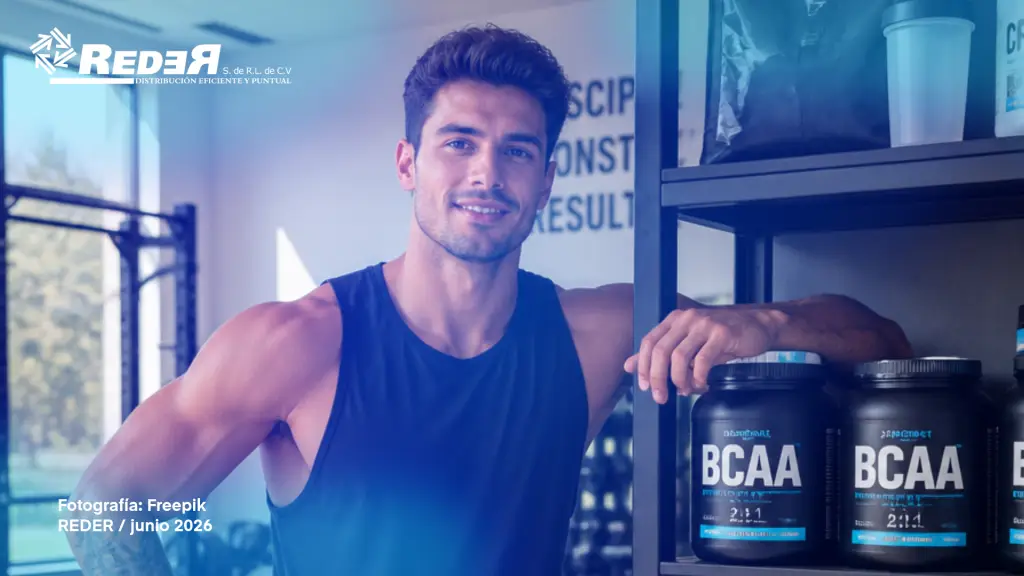 Deportista o nutriólogo en gimnasio moderno con suplementos de BCAA visibles sobre una mesa, pesas o área de entrenamiento al fondo.