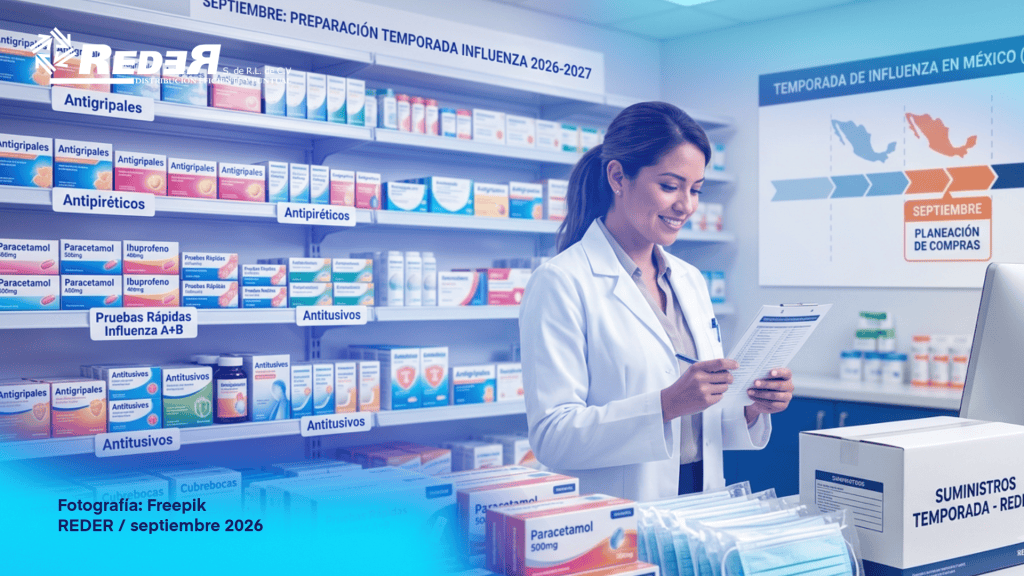 Farmacéutico revisando inventario de antigripales y pruebas rápidas antes de la temporada de influenza