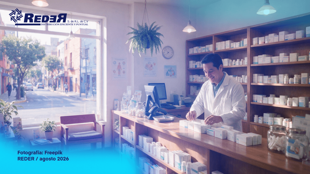 Farmacéutica independiente atendiendo con confianza en su mostrador bien surtido