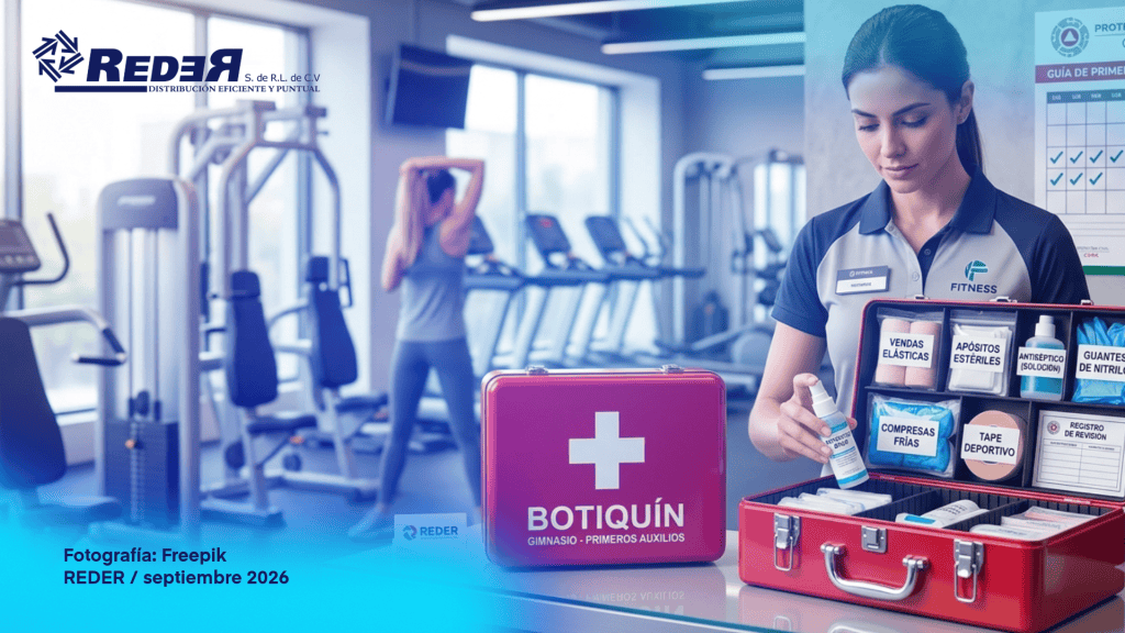 Botiquín de primeros auxilios abierto con material de curación sobre una mesa en un gimnasio