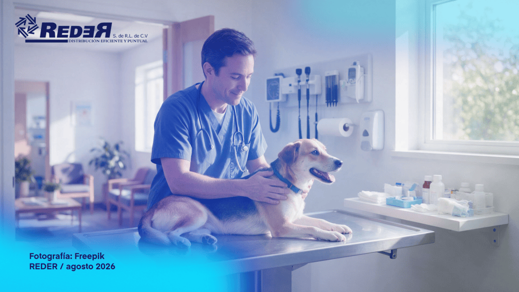 Veterinaria atendiendo a un perro en consultorio equipado con material de curación certificado