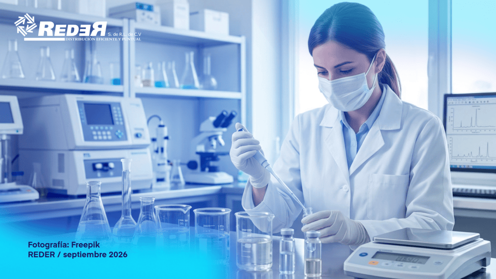 Científica en laboratorio analizando muestras junto a empaques de medicamentos genéricos